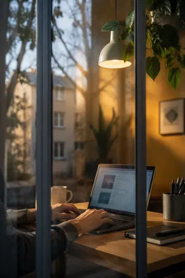 Warm Remote Work Home Office with Laptop