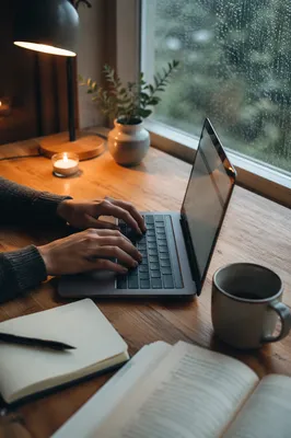 Peaceful Remote Work Desk in Morning Rain