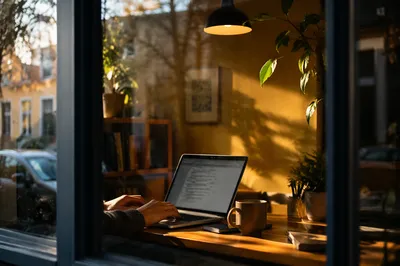 Warm Remote Home Office Laptop Workspace