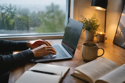 Peaceful Remote Work Desk in Morning Rain