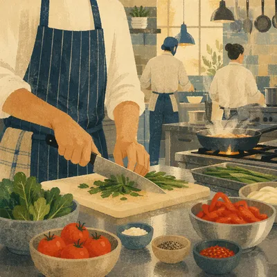 Chef Preparing Vegetables in Busy Restaurant Kitchen