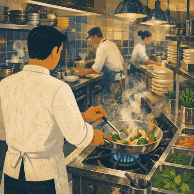 Chef Cooking in Busy Restaurant Kitchen
