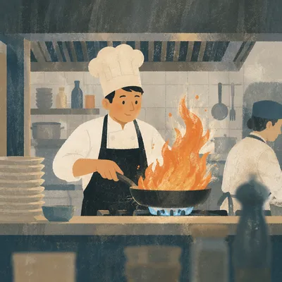 Chef Cooking Over Flame in Restaurant Kitchen