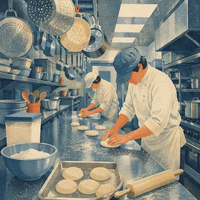 Chefs Preparing Fresh Dough in Kitchen