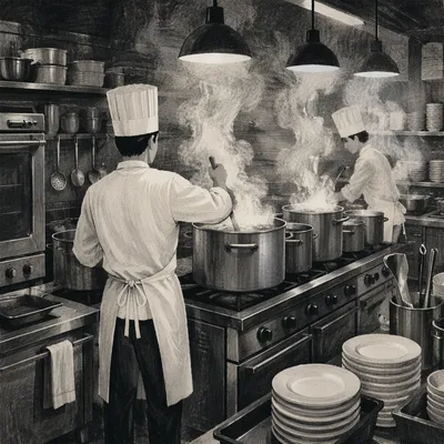 Busy Restaurant Kitchen Chefs at Work