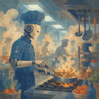 Robotic Chef Cooking in Modern Restaurant Kitchen