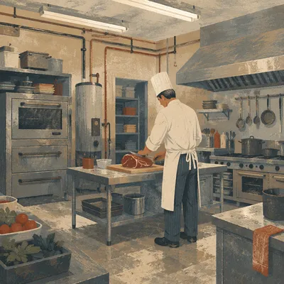 Chef Preparing Meat in Commercial Kitchen