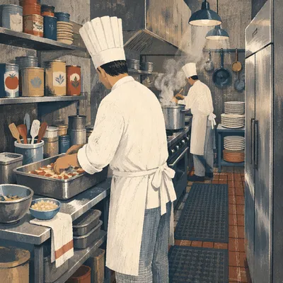 Busy Mid-Century Restaurant Kitchen Chefs