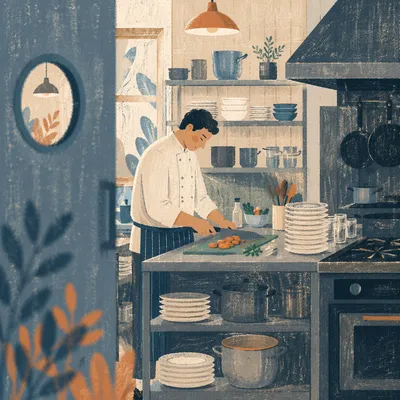 Chef Preparing Vegetables in Busy Restaurant Kitchen
