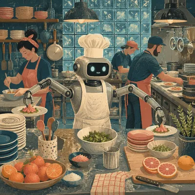 Busy Restaurant Kitchen With Automated Chef Assistant