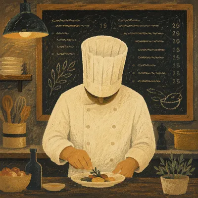 Focused Chef in Warm Restaurant Kitchen