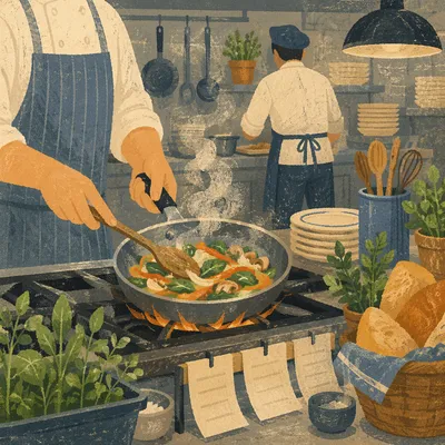 Chef Sautéing Vegetables in Busy Restaurant Kitchen