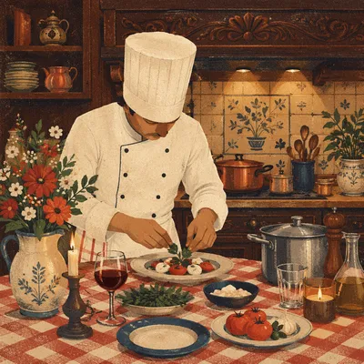 Chef Cooking in Warm Traditional Restaurant Kitchen