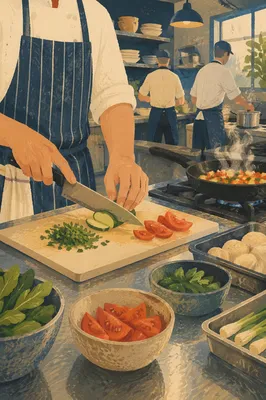 Chef Preparing Vegetables in Busy Restaurant Kitchen