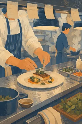 Chef Plating Fine Dining in Busy Kitchen