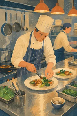 Busy Restaurant Kitchen Chef at Work