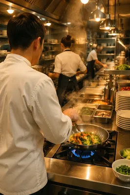 Professional Chef Cooking in Busy Kitchen