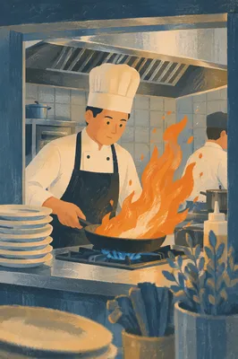 Chef Cooking Over Flame in Restaurant Kitchen