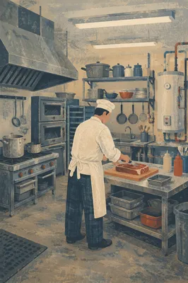 Chef Preparing Meat in Commercial Kitchen