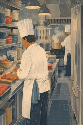 Busy Mid-Century Restaurant Kitchen Chefs
