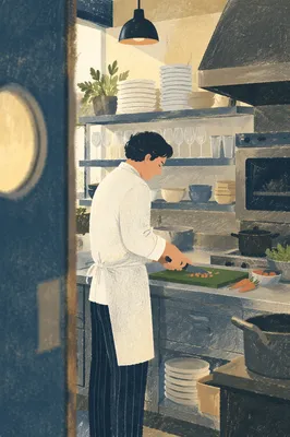 Chef Preparing Vegetables in Busy Restaurant Kitchen