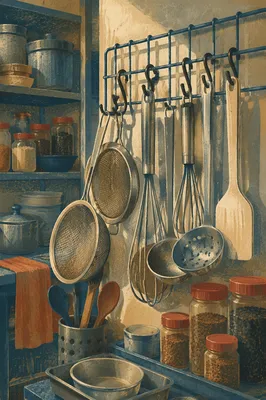Busy Restaurant Kitchen Utensils in Warm Light