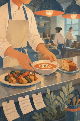 Chef Plating Dinner in Busy Restaurant Kitchen