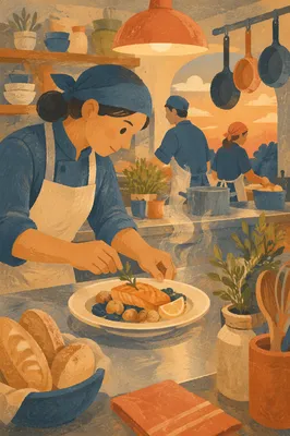 Chef Plating Dinner in Busy Restaurant Kitchen