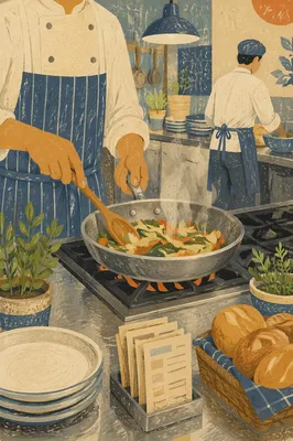 Chef Sautéing Vegetables in Busy Restaurant Kitchen