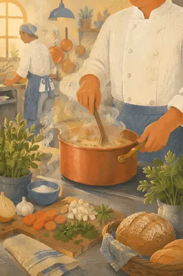 Chef Stirring Copper Pot in Busy Kitchen