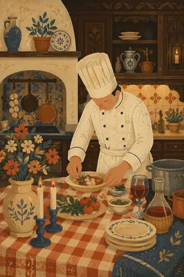 Chef Cooking in Warm Heritage Restaurant Kitchen