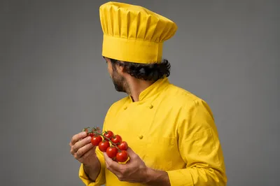 Chef Holding Fresh Tomatoes in Yellow Uniform
