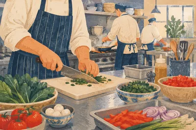 Chef Preparing Vegetables in Busy Restaurant Kitchen