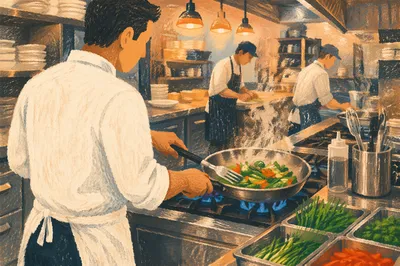 Busy Restaurant Chef at Dinner Rush