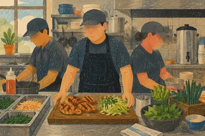 Restaurant Kitchen Team Preparing Fresh Dishes