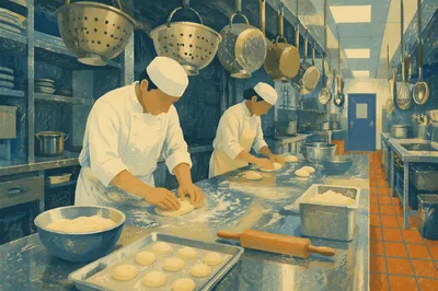 Chefs Preparing Fresh Dough in Kitchen