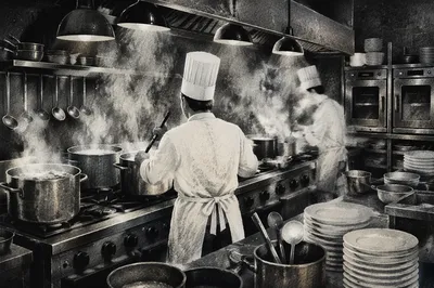 Busy Restaurant Kitchen Chefs at Work