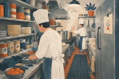 Busy Mid-Century Restaurant Kitchen Chefs