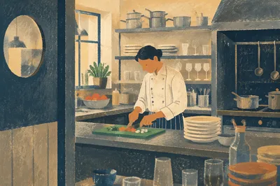 Chef Preparing Vegetables in Busy Restaurant Kitchen