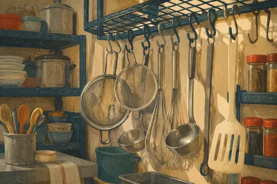 Busy Restaurant Kitchen Utensils in Warm Light