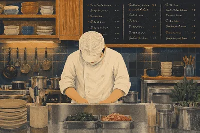 Chef Preparing Ingredients in Warm Restaurant Kitchen