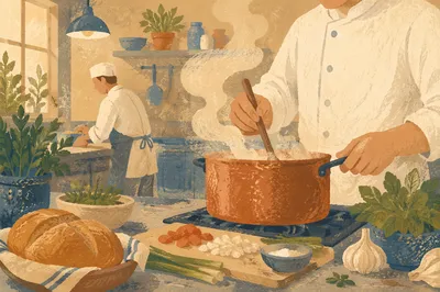 Chef Stirring Copper Pot in Busy Kitchen