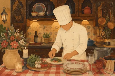 Professional Chef in Warm Traditional Kitchen