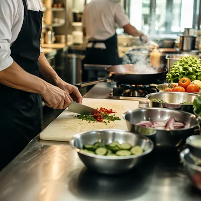 Chef Preparing Vegetables in Busy Restaurant Kitchen
