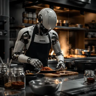 Futuristic Robot Chef in Restaurant Kitchen