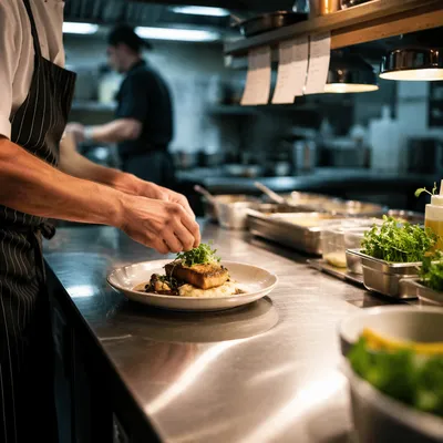 Chef Plating Dish in Restaurant Kitchen