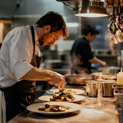 Professional Chef Plating in Busy Restaurant Kitchen