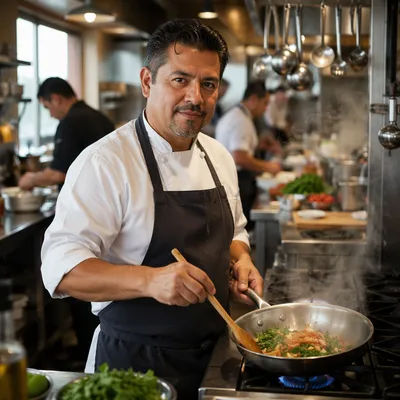 Focused Chef Cooking in Busy Restaurant Kitchen