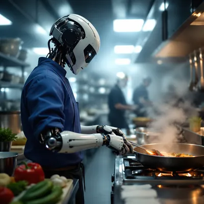 Robotic Chef Cooking in Modern Restaurant Kitchen