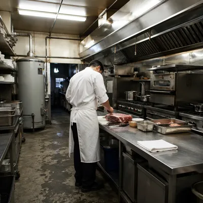 Chef Preparing Meat in Commercial Kitchen